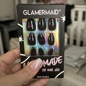 Black Press-On Nails with Pink Accents Medium Length